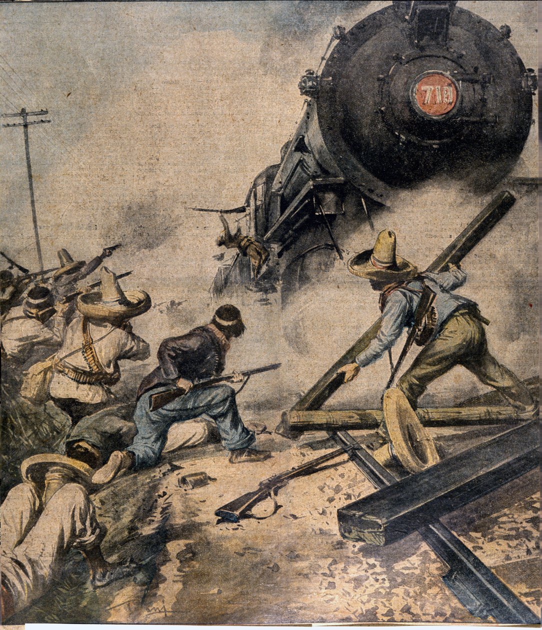 Mexican Revolution: The rebels storm a train, Illustration by Abbo by Italian School