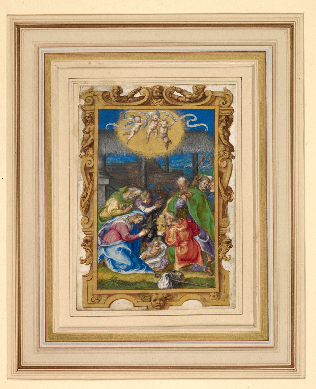 Miniature of the Nativity with the Holy Family and shepherds in a stable, with three putti bearing an inscribed scroll above and the annunciation to the shepherds in the background by Italian School