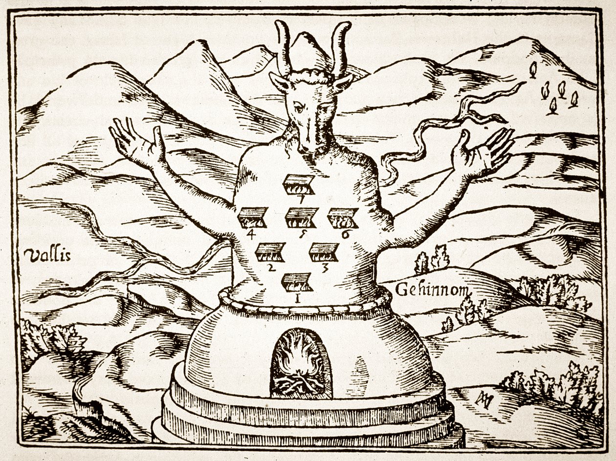 Moloch, copy of an illustration from Oedipus Aegyptiacus by Athanasius Kirchner, Rome 1652, used in a History of Magic, published late 19th century by Italian School
