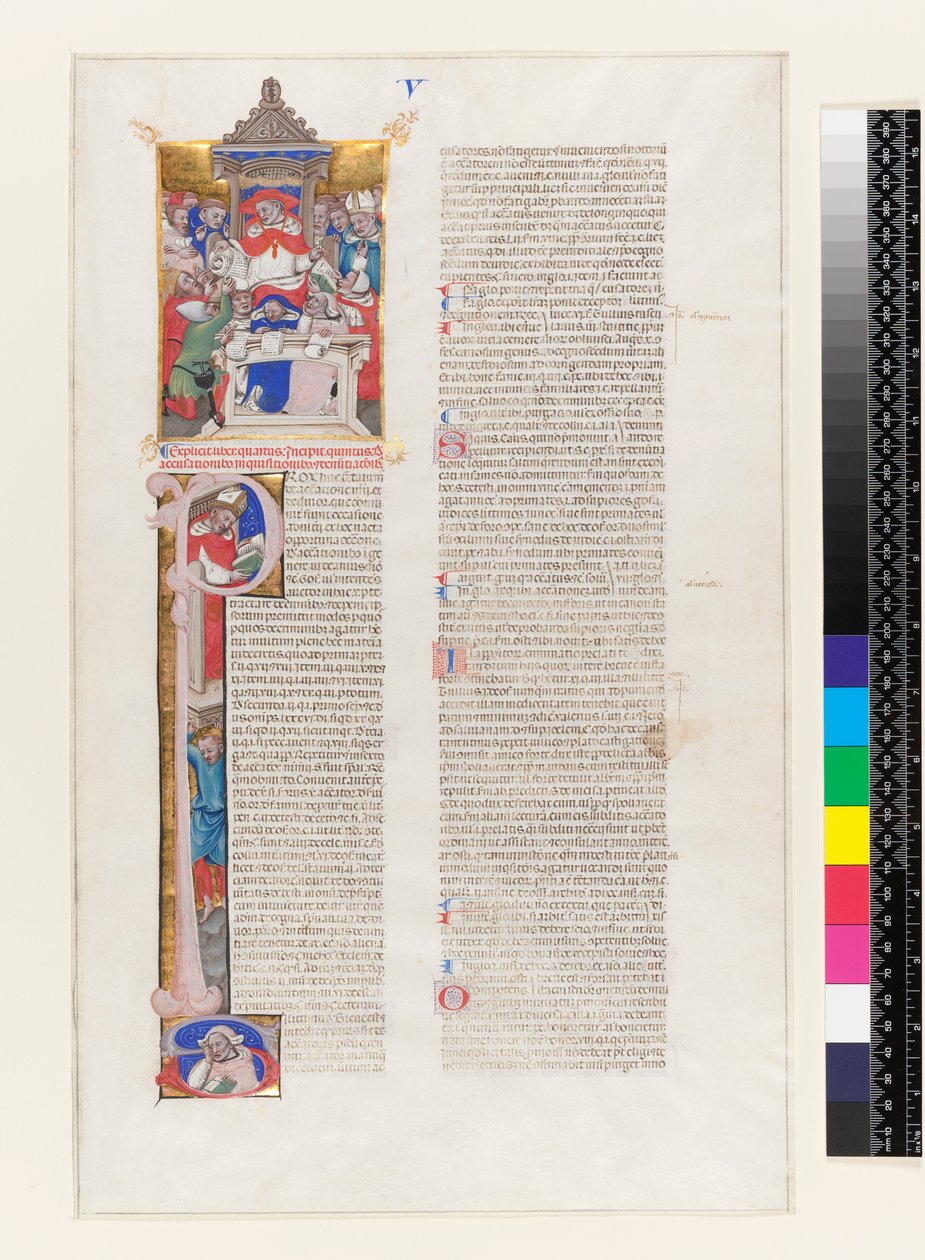 Page of text with an historiated initial P and a miniature depicting a cardinal enthroned, from Book V of the Decretals of Gregory IX, from Bologna, c.1350 by Italian School