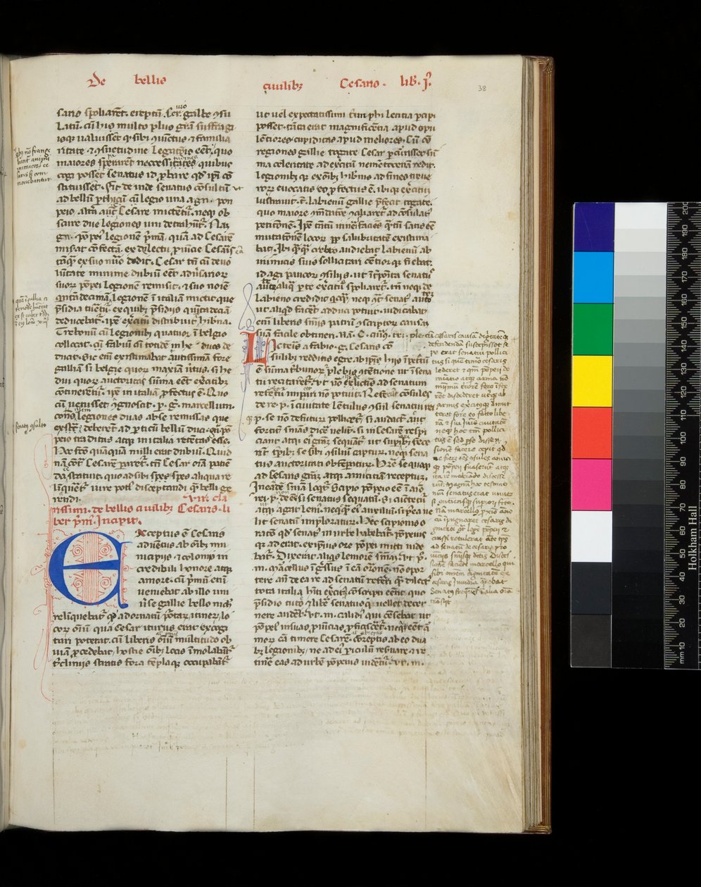 Ms 342. Caesar, Opera, f.38r. Initial [E] in Blue with Pen-Flourished Decoration in Red by Italian School
