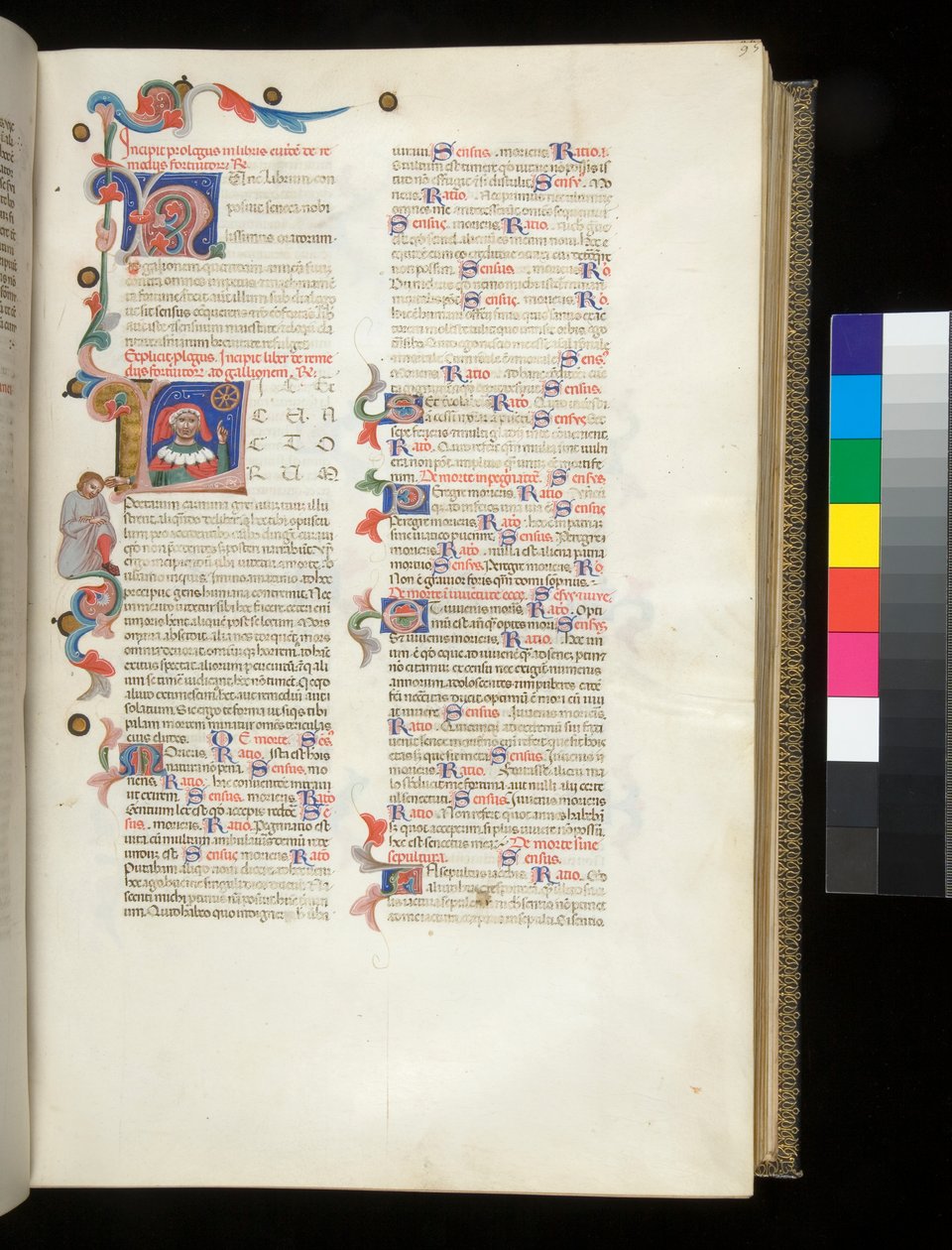Ms 390. Seneca the Younger, Opera, and Seneca the Elder, Excerpta Controversiarum, f.95r. Inhabited Initial [L], with Portrait of Seneca Pointing at the Wheel of Fortune and at a Downcast Male Figure in the Border by Italian School