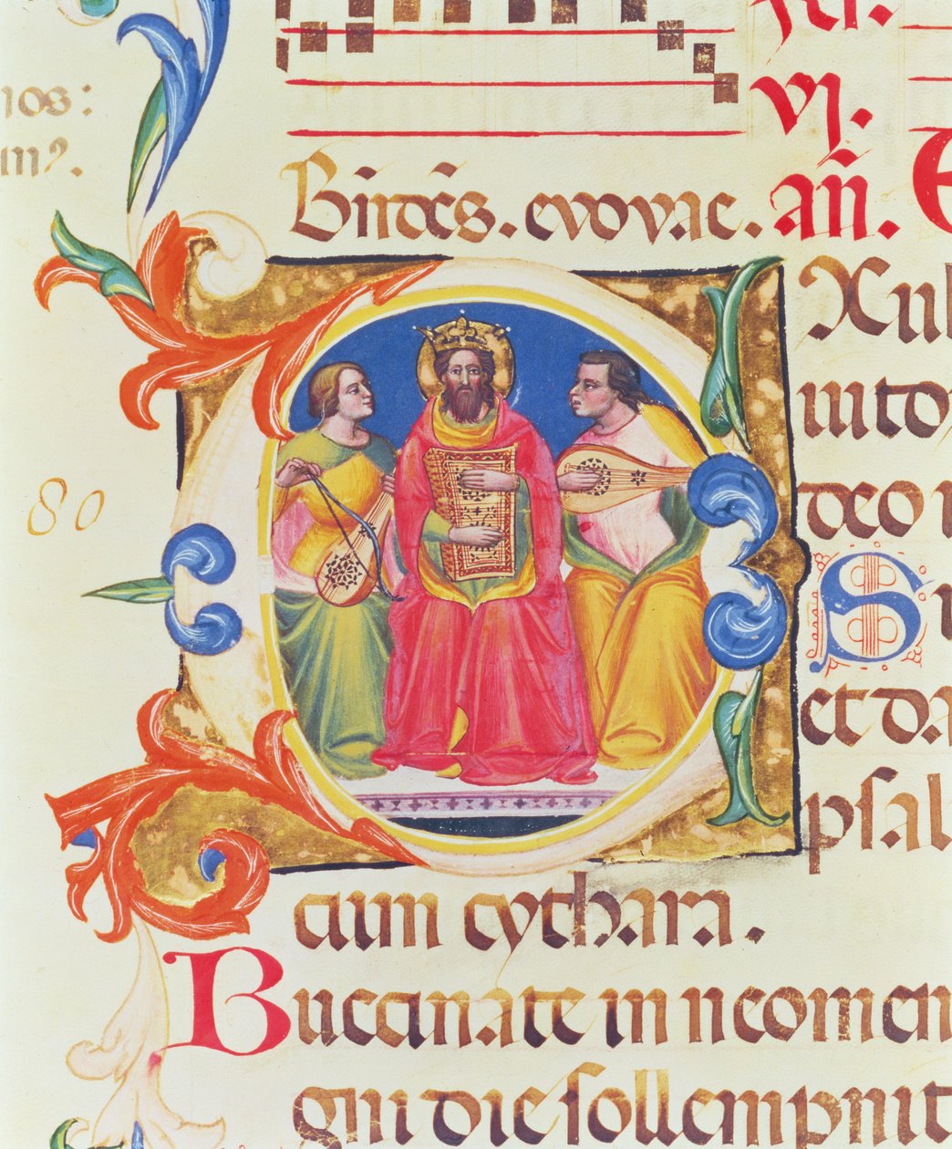 Historiated initial O depicting King David and two angels, from the Psalter of Santa Maria Novella, illuminated by Paolo Soldini 1379 by Italian School