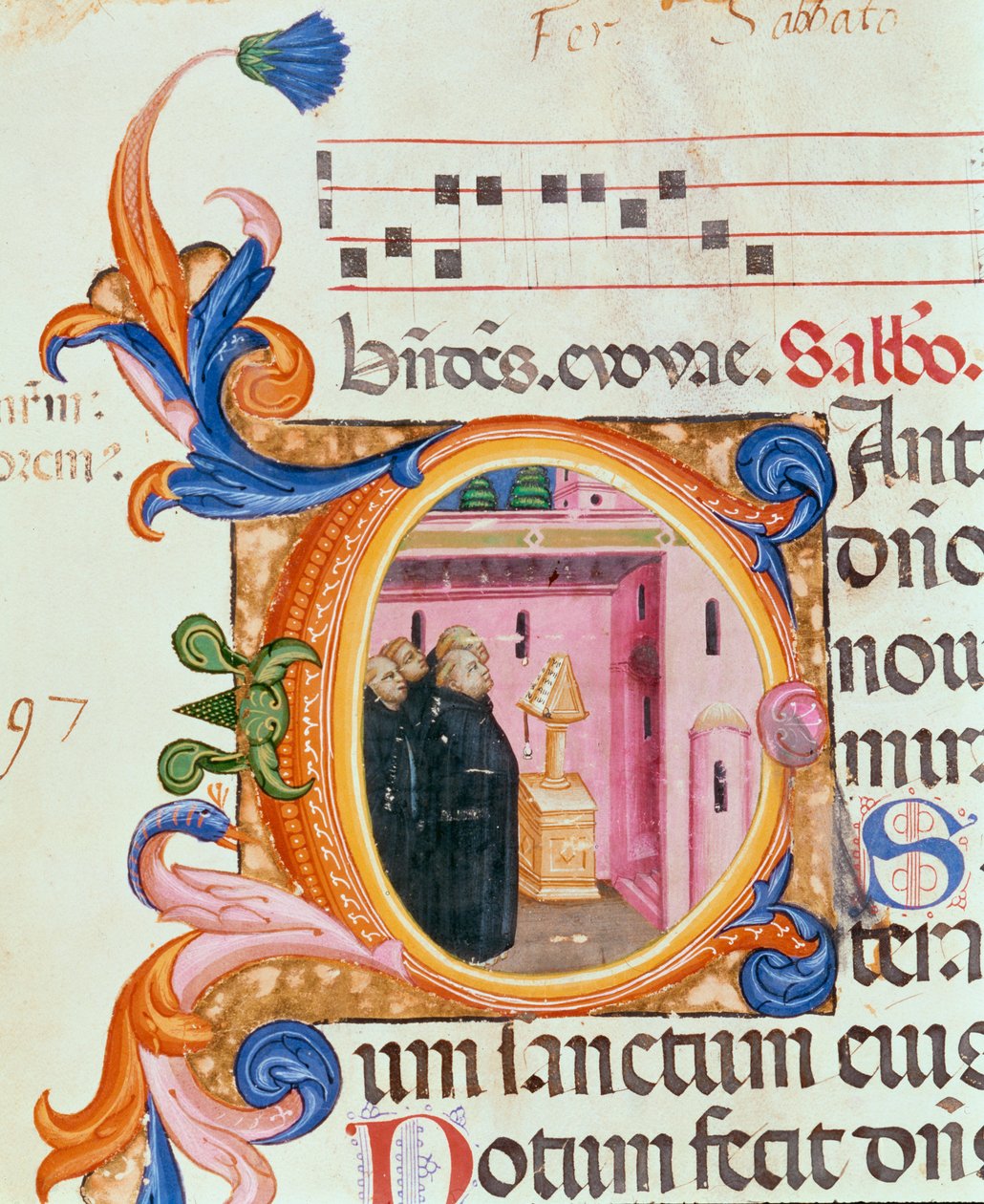 Historiated initial C depicting monks looking at a text, from the Psalter of Santa Maria Novella, illuminated by Paolo Soldini 1379 by Italian School