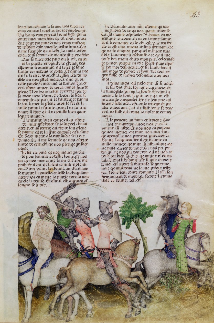 A knight of the Round Table, Sir Bors, is forced to make a choice between rescuing his brother Lionel or saving a damsel, from the Queste del Saint Graal, c.1380-85 by Italian School