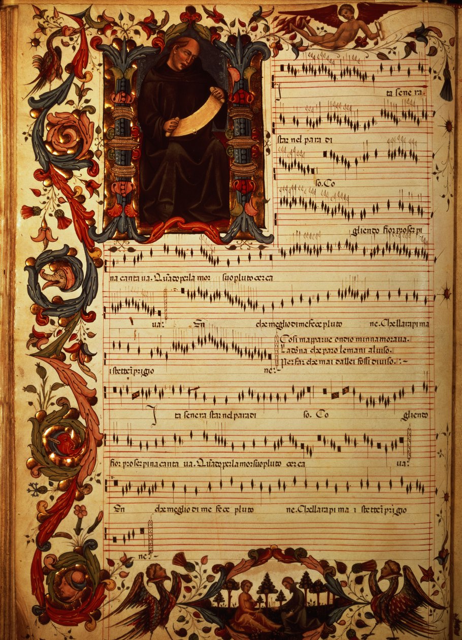 Page of Musical Notation with historiated initial, from the Squarcialupi Codex, produced at the Florentine monastery of S. Maria degli Angeli by Italian School
