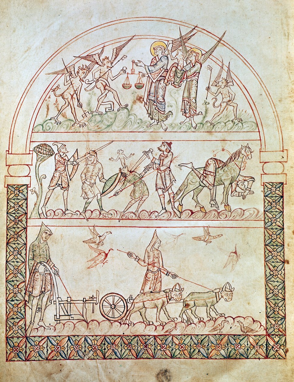The earthly city with the hardships and misfortunes of mankind and the judgement of a soul, from The City of God by St Augustine, 11th-12th century by Italian School