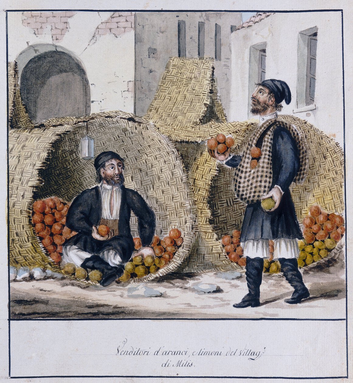 Orange and lemon vendors of Milis in Sardinia, printed ms.258, Luzzetti Collection by Italian School