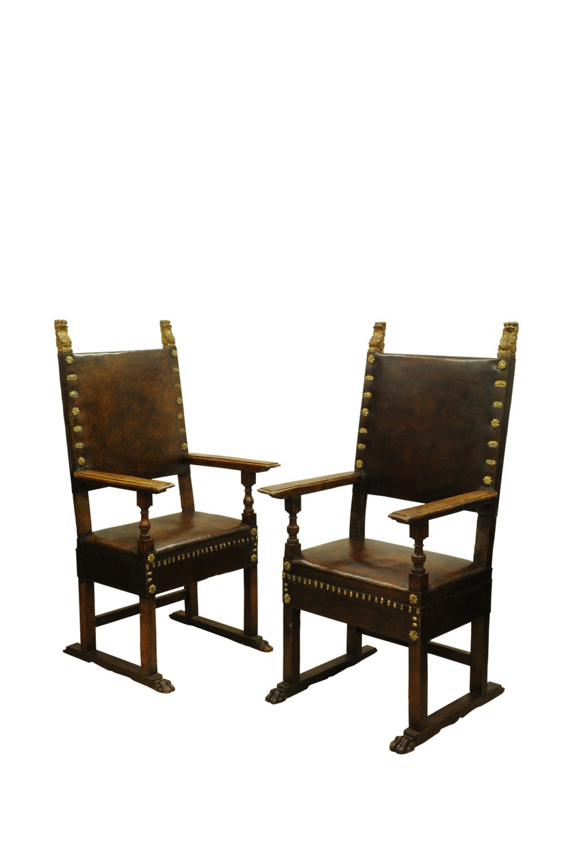 Pair Walnut Leather Upholstered Throne Chairs, Italy c.1660 by Italian School