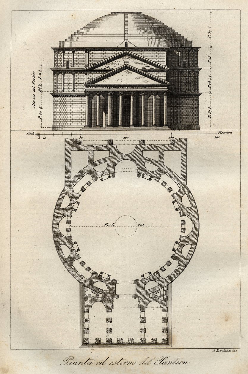 Pantheon of Rome, completed in c. 125 CE under the reign of Hadrian - engraving from 
