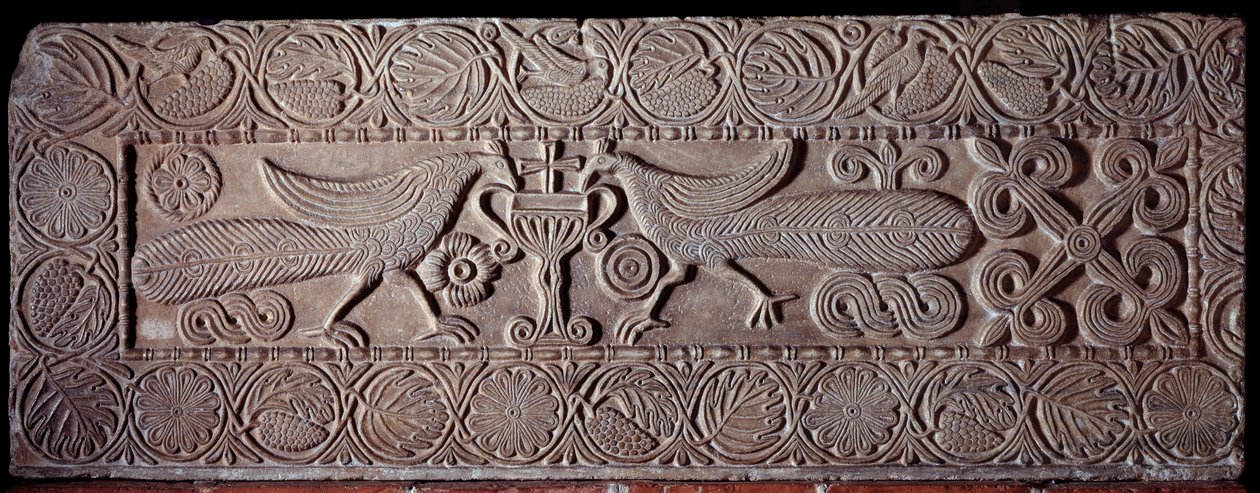 Parapet of stone covered with low reliefs representing peacocks, From the sarcophagus of Teodote, 8th century by Italian School