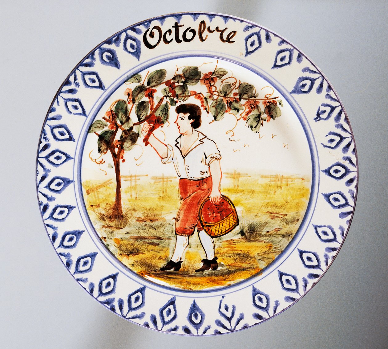 Plate Depicting Months, October, Earthenware, Nove di Bassano Manufacture, Veneto Region, Italy, 20th Century by Italian School