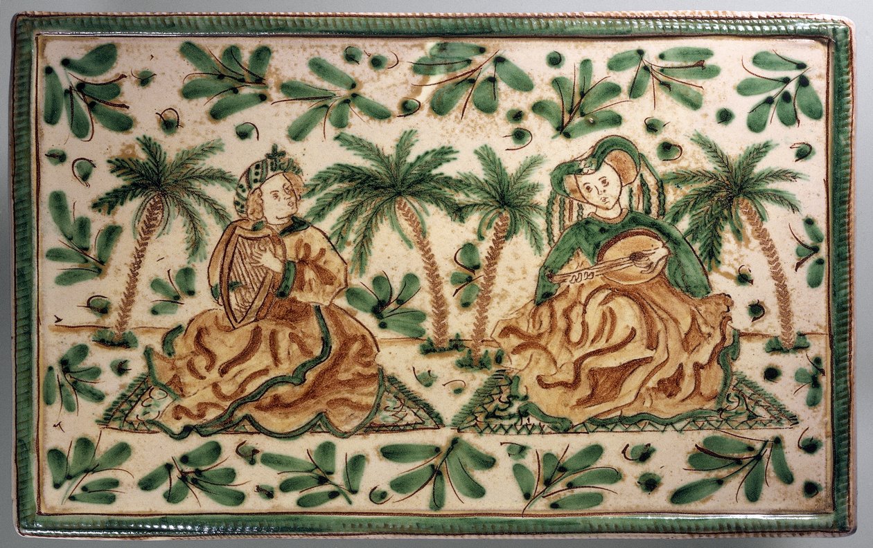 Plate with musicians in palm grove, decoration inspired by period of Frederick II, decorative ceramic, Alessi manufacture, Caltagirone, Sicily, Italy, 20th century by Italian School