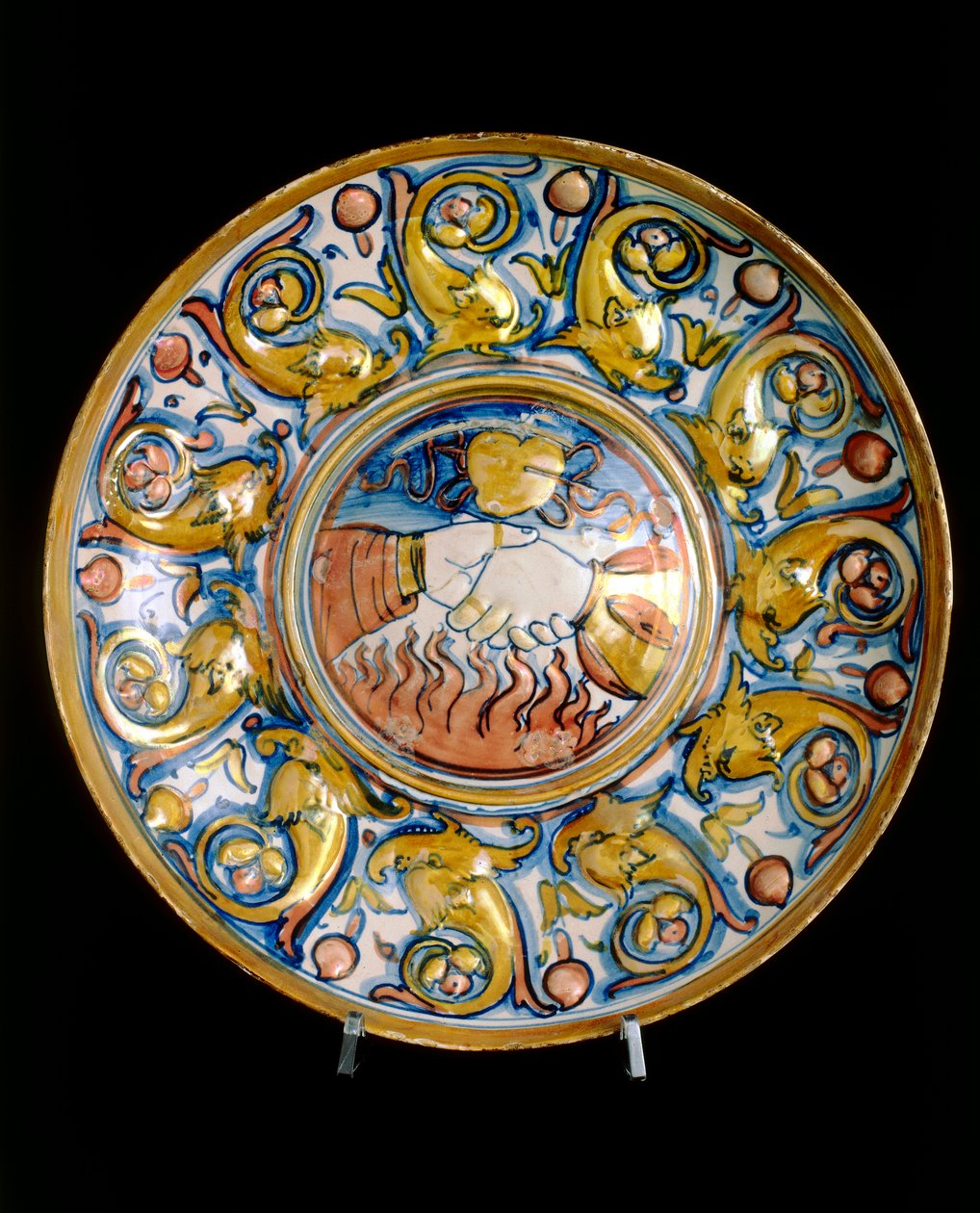Plate with two hands shaking, work by Gubbian manufacture by Italian School