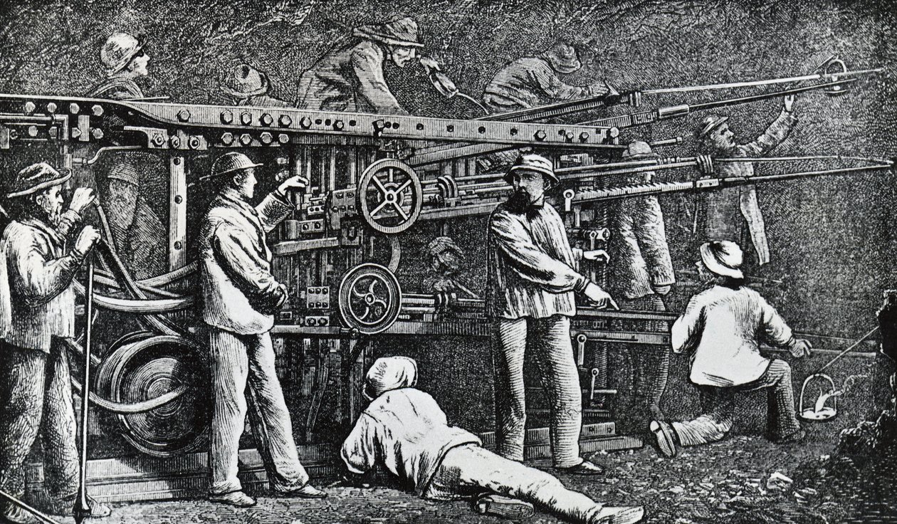 Pneumatic rock-drilling machine created by Giovanni Battista Piatti and perfected by Germano Sommeiller, engraving by Italian School