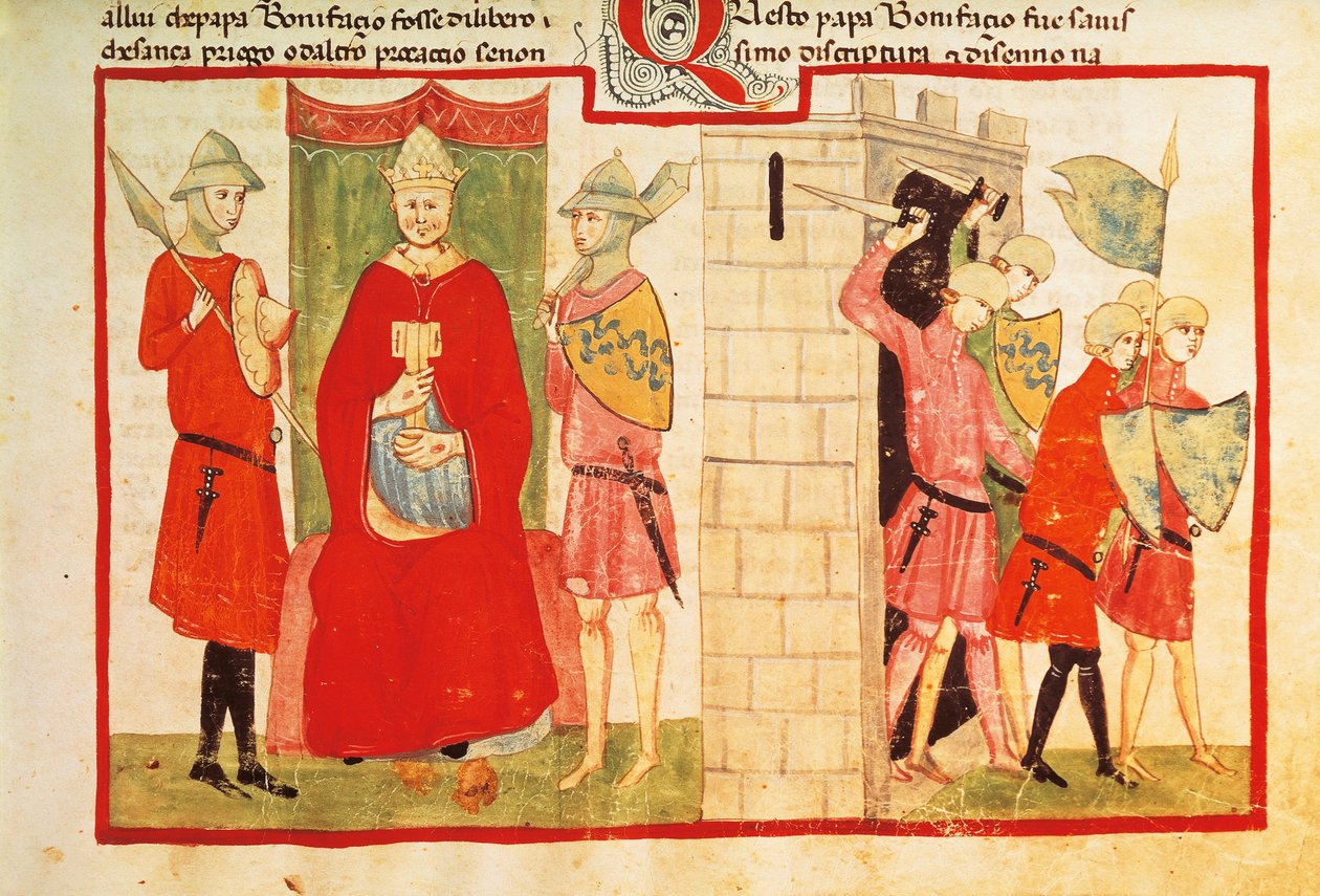Pope Boniface VIII at Anagni and the expelling of Sciarra Colonna from the city, miniature from the Chronicle of Giovanni Villani, manuscript, Italy 14th Century by Italian School