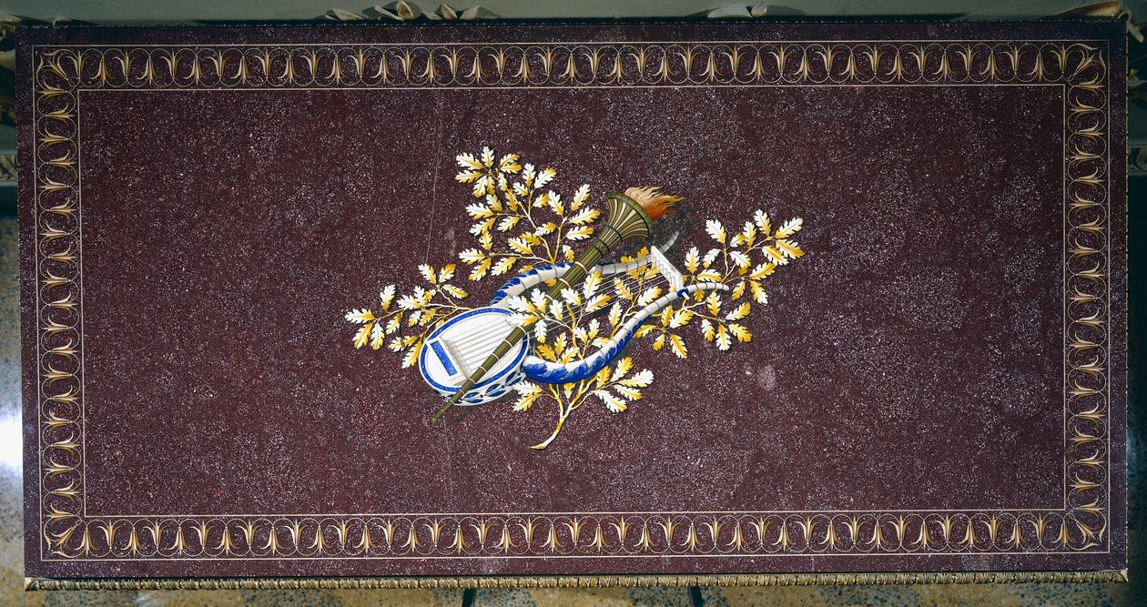 Porphyry table top with semi-precious stones mosaic, Italy by Italian School