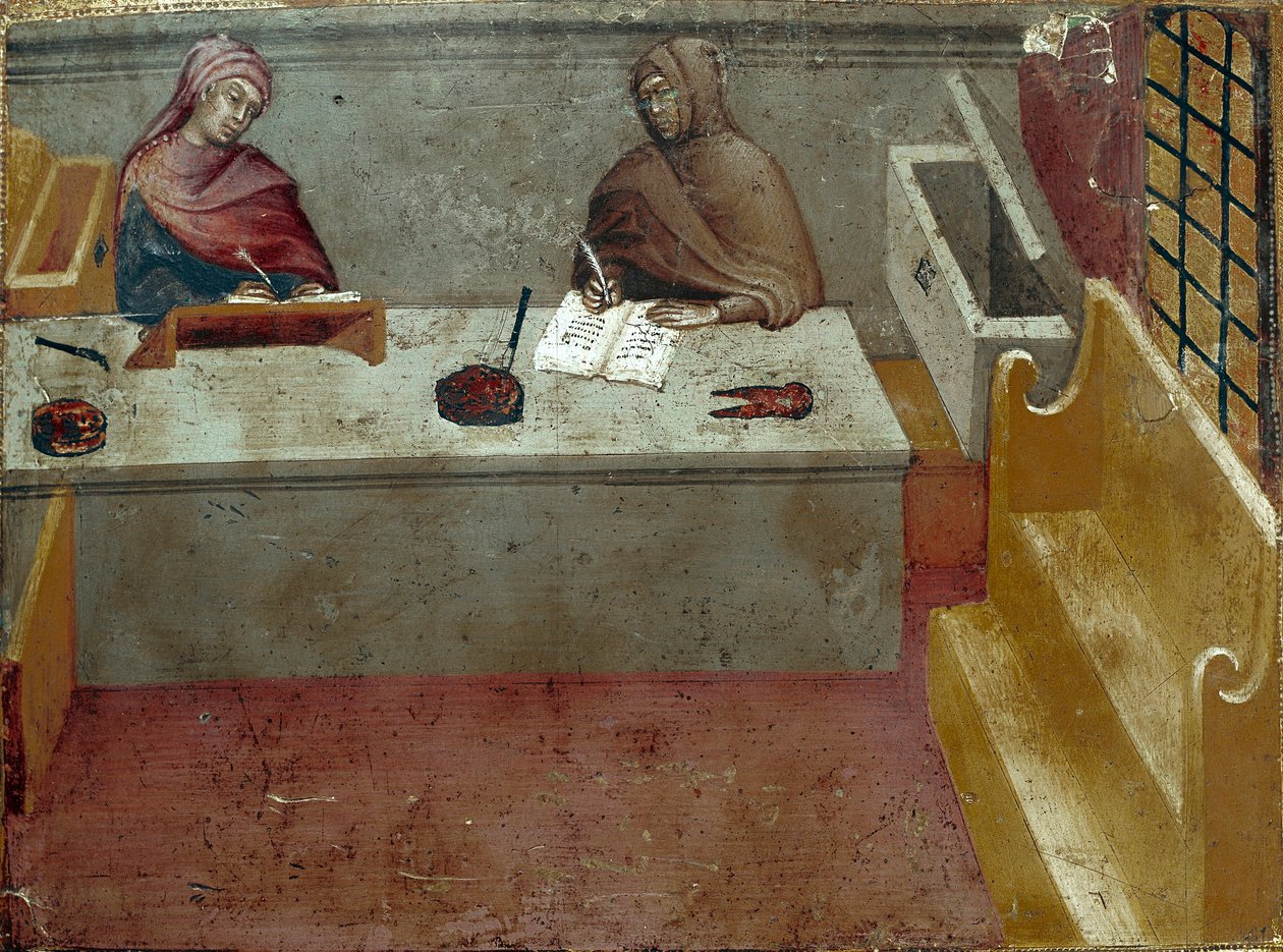 Representation of a camerlinguist, assistant of a copyist. Anonymous painting on wood of a Biccherna by Italian School