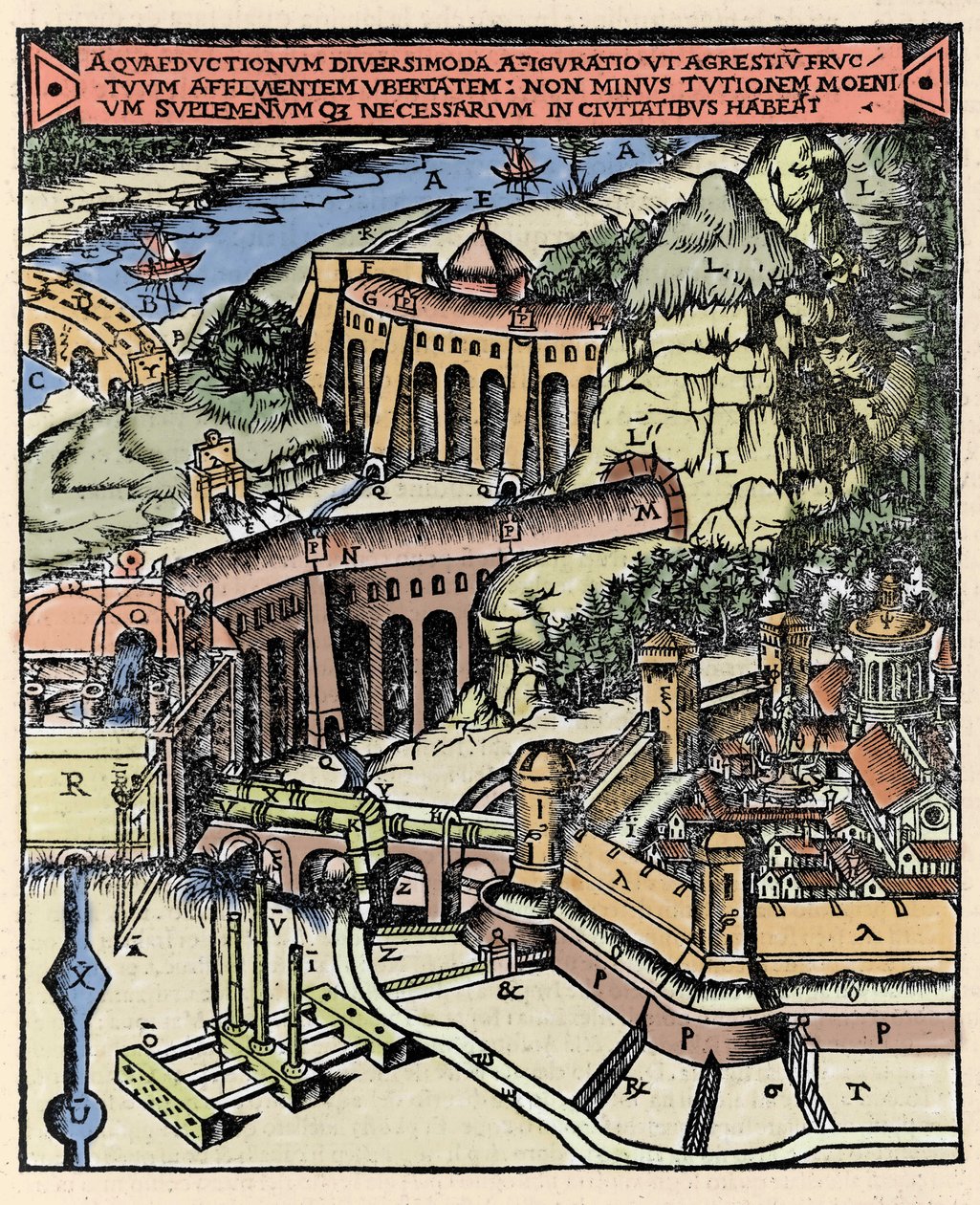 Representation of an aqueduct. Colored engraving from 
