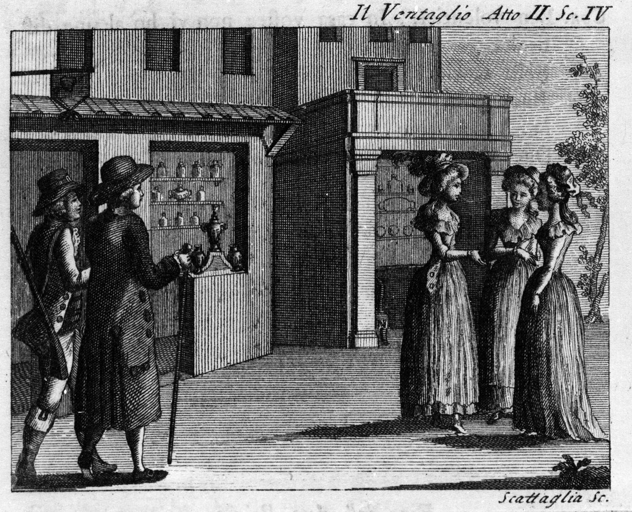 Scene 4 of Act II of the comic piece “Il ventaglio” (The fan) (1764) by Carlo Goldoni (1707-1793). Engraving of the 18th century by Italian School