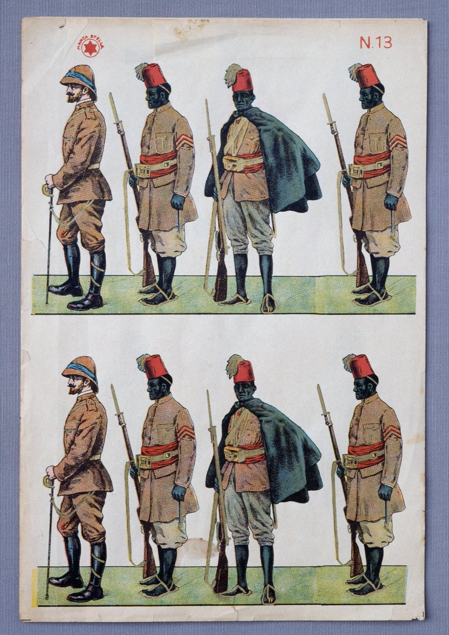 Soldiers in Ascari uniforms, paper cut-out soldiers, gilt lithograph print, made by Stella by Italian School