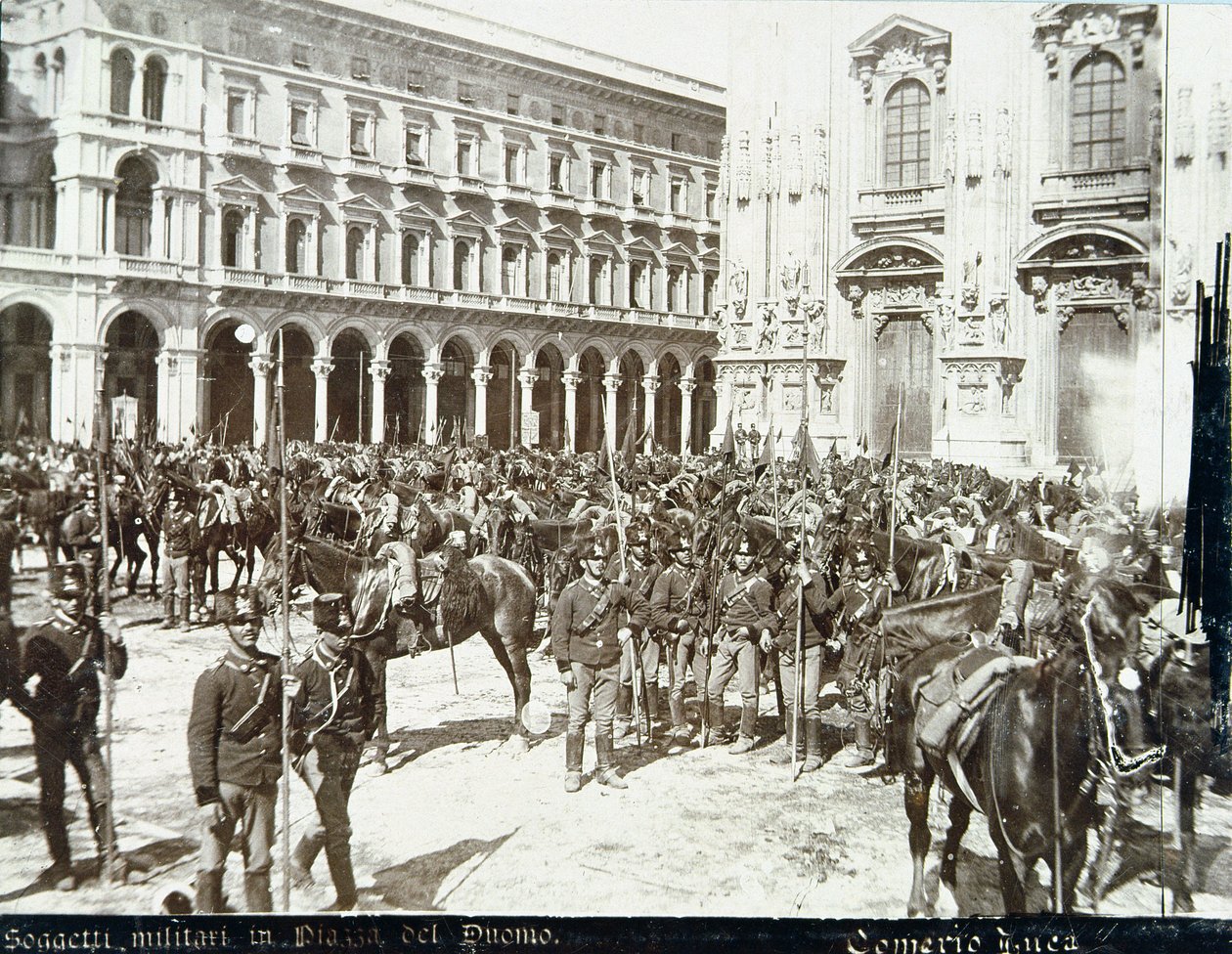 Soldiers, under the command of General Bava Beccaris, in front of the Cathedral, during the riots in Milan, 6th-9th May 1898 by Italian School