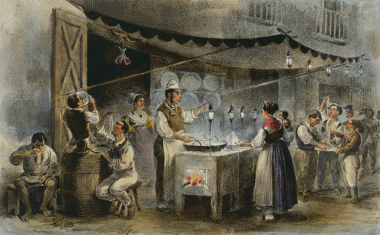 Spaghetti peddler in Naples, Italy by Italian School