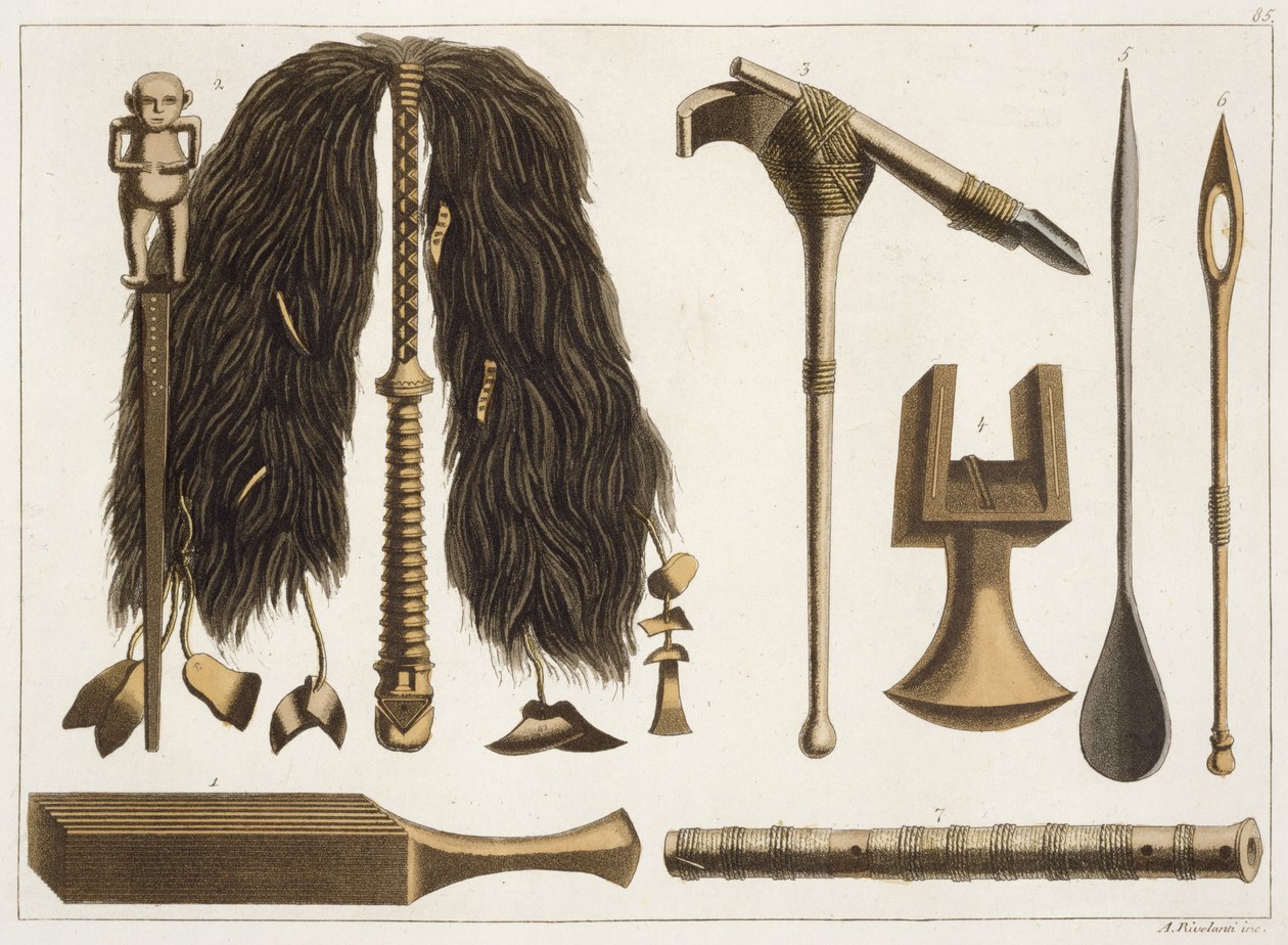 Tahitian tools and Ceremonial instruments, illustration from a collection of early 19th Century travel books by Italian School