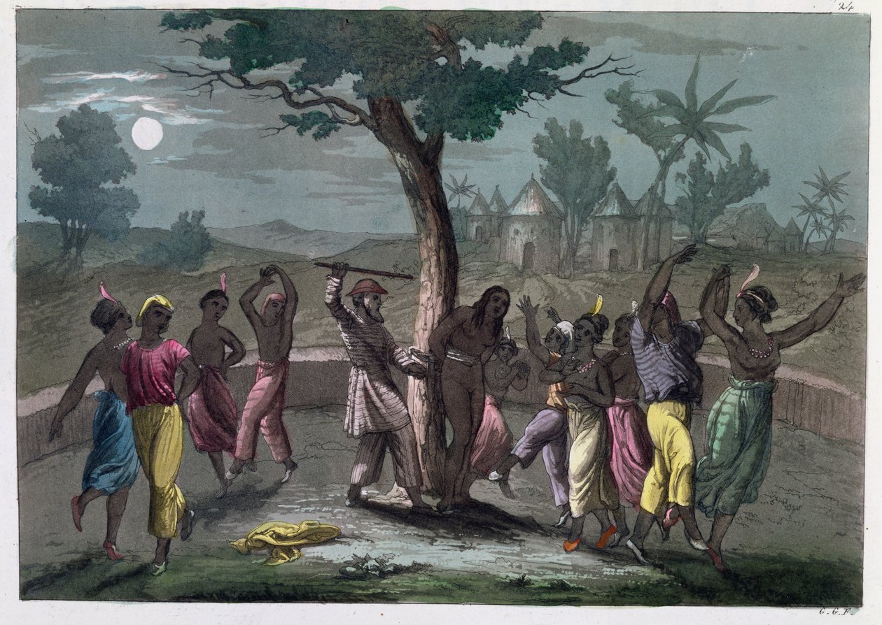 The Dance of the Mombo-Jombo, according to the travels of Mungo Park, from A History of Costume by J. Ferrario, published in Milan c.1820 by Italian School