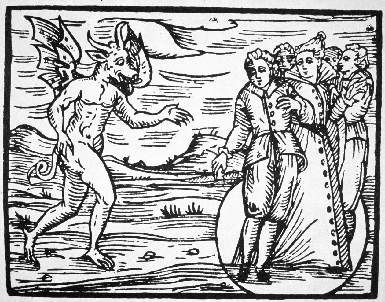 The Evocation of the Devil, copy of an illustration from Compendium Maleticarum by Fr M Guaccius, Milan 1608, used in a History of Magic, published late 19th century by Italian School