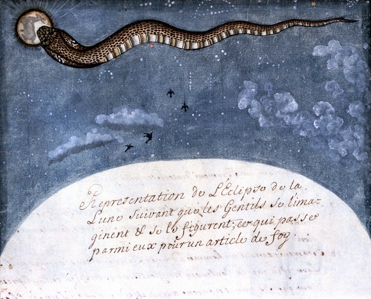 The eclipse of the moon imagined by the Mogol Indians (a snake devouring the moon) Page taken from the manuscript 