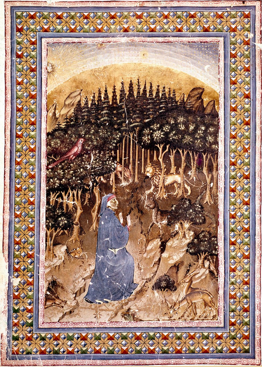The poet Dante finds himself in a dark forest. Illuminated page of the first song of Hell from the 