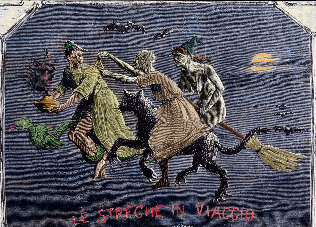 The witches on their way to the Sabbath: one is on a black cat, another on a broom and the third on a dragon carries an elixir. by Italian School