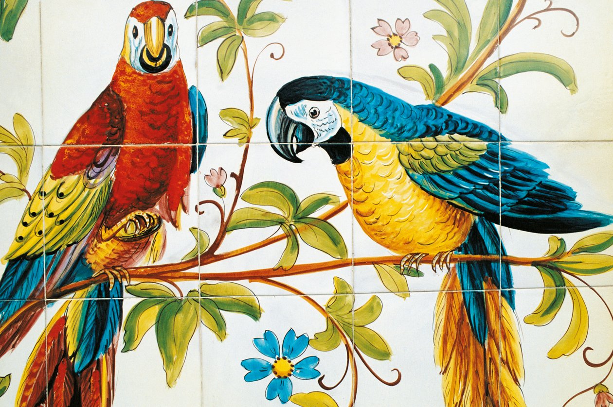 Tile panel depicting parrots, Vietri sul Mare production by Italian School