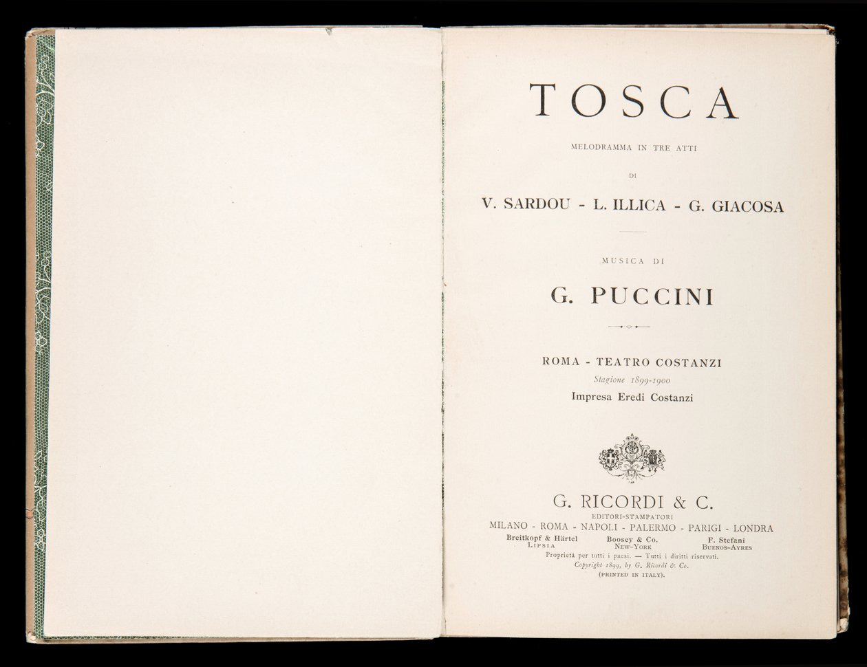 Title page, Libretto of Tosca by Giacomo Puccini, Edizione Ricordi, Italy by Italian School
