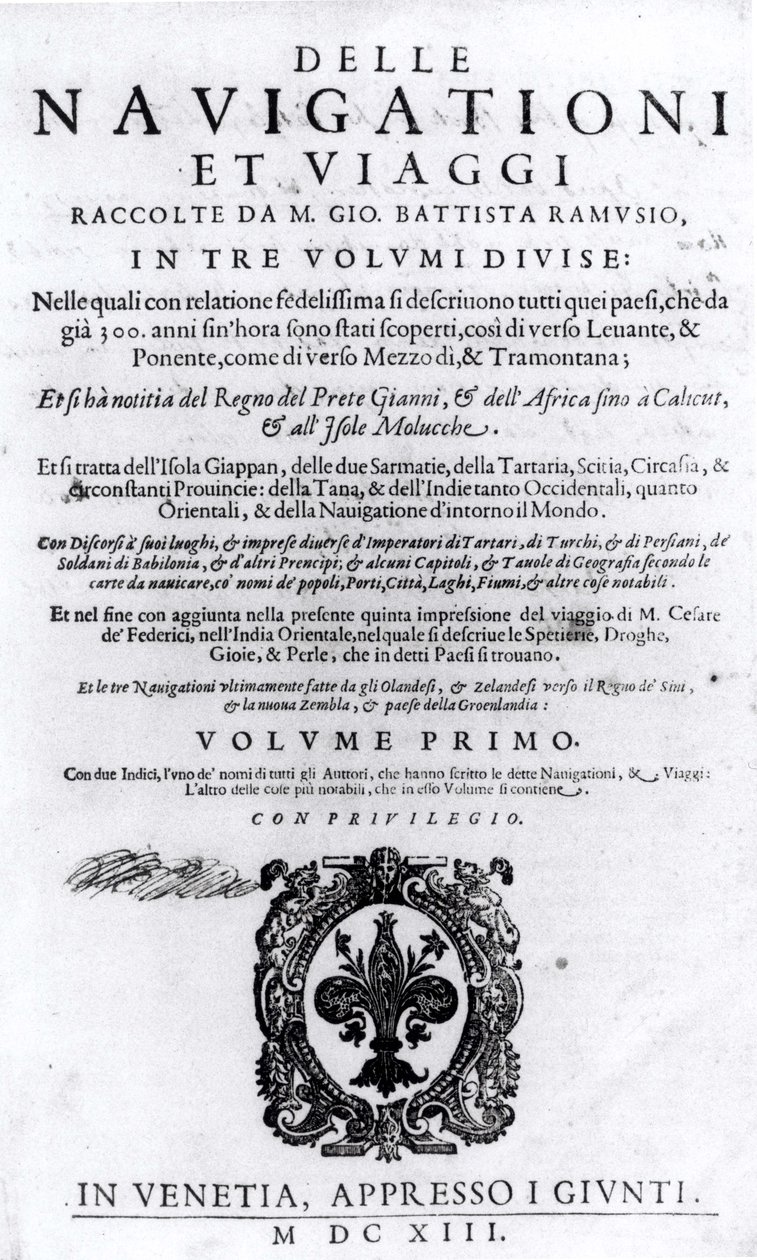 Title page to volume I of Delle Navigationi et Viaggi by Giovanni Ramusio (1485-1557) published 1613 by Italian School