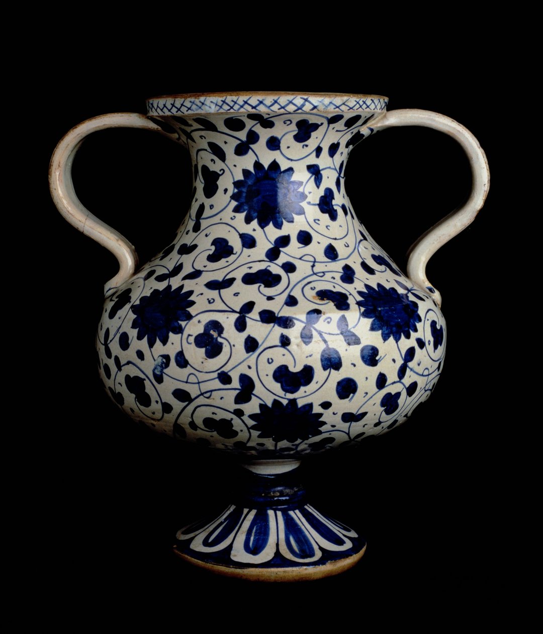 Two-handled polychrome lustre-ware baluster vase with blue and white decoration, Italian, made in Deruta, early 16th century by Italian School