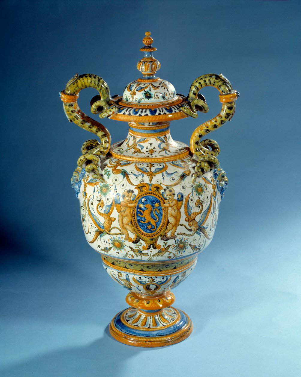 Vase with Twisted Handles in Majolica by Italian School