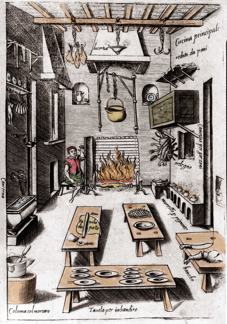 View of a kitchen. Engraving from “Opera”, book on gastronomy divided into 6 parts, by Bartolomeo Scappi, personal cook of Pope Pius V. Venice by Italian School