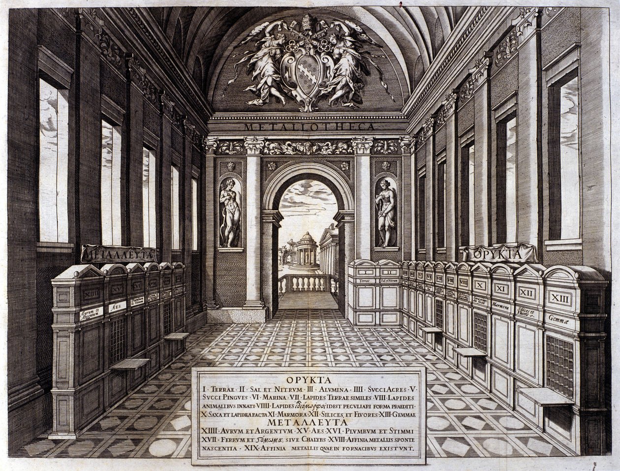 View of the museum of Michele Mercati, steward of the Vatican Botanical Gardens. Engraving from 