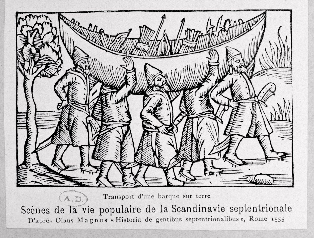 Vikings Carrying a Boat to Russia, illustration from Historia de Gentibus Septentrionalibus by Olaus Magnus (1490-1558), published in Rome, 1555 by Italian School