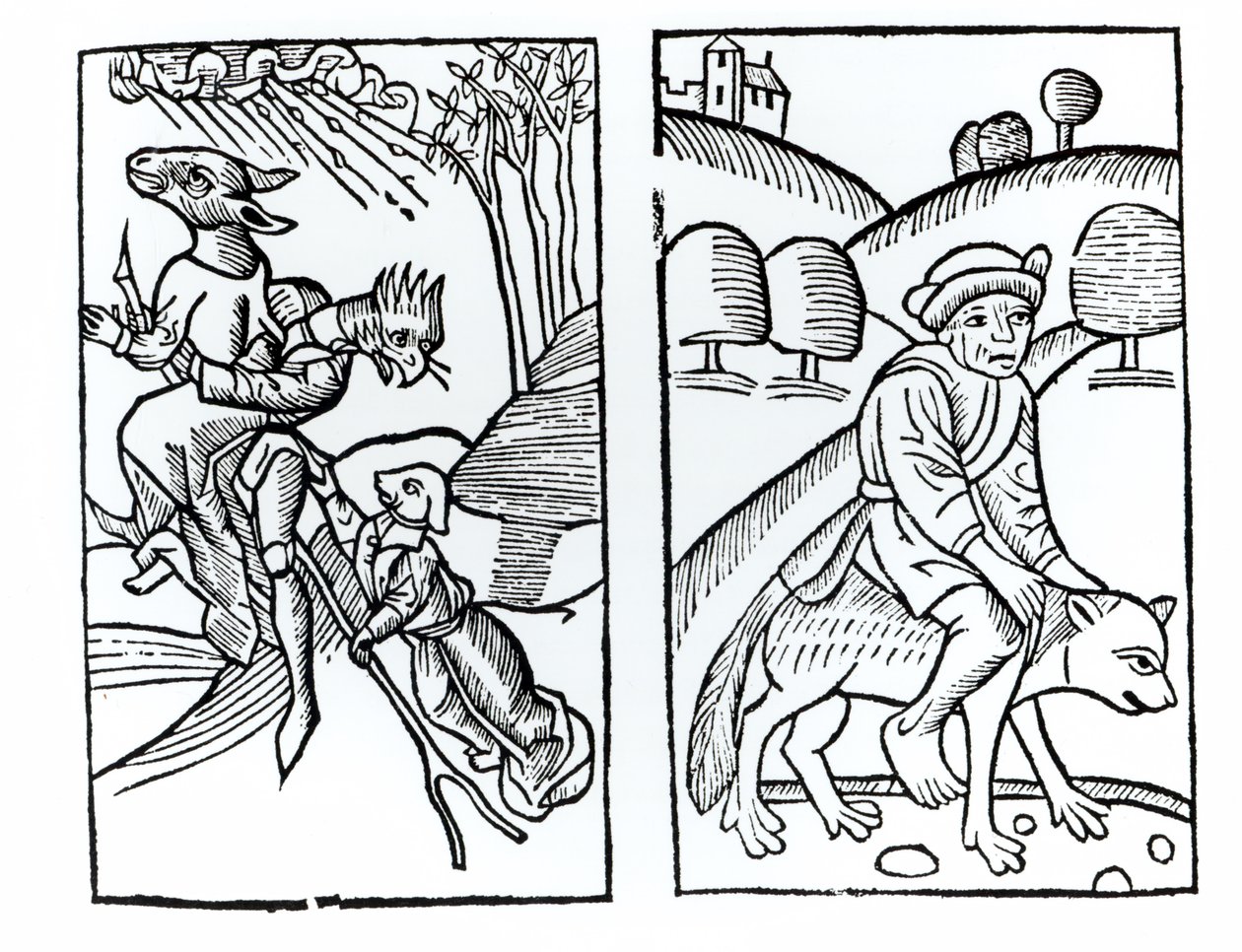 Witches disguised as animals riding a broomstick and male witch riding a wolf, copies of illustrations from Compendium Maleticarum by Fr M Guaccius, used in History of Magic by Italian School