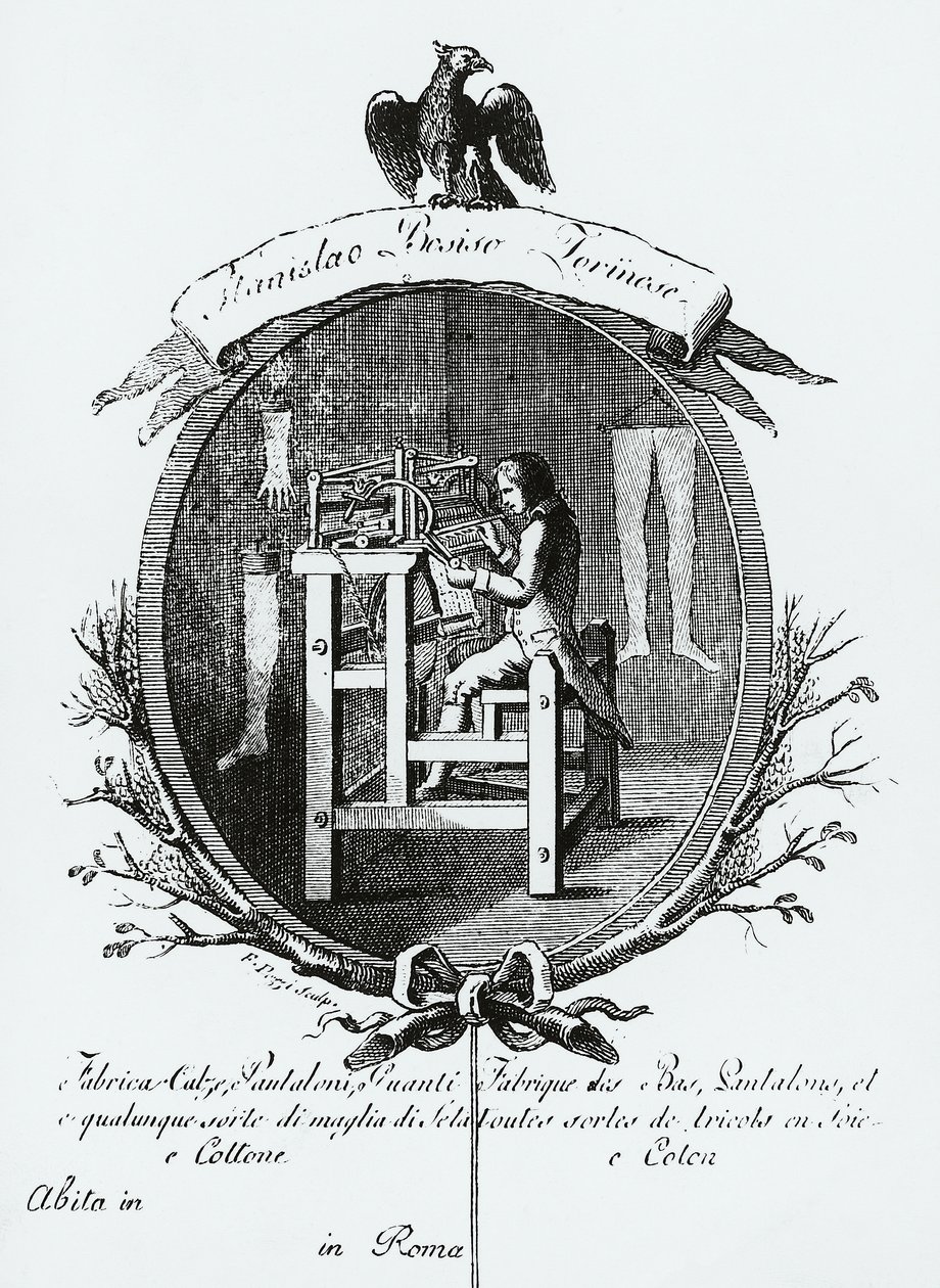 Worker at loom, Image advertising Stanislaus Bosisio Torinese, Manufacturer of socks, Pants, Gloves, and any sort of silk and cotton knitwear, Engraving, Italy by Italian School