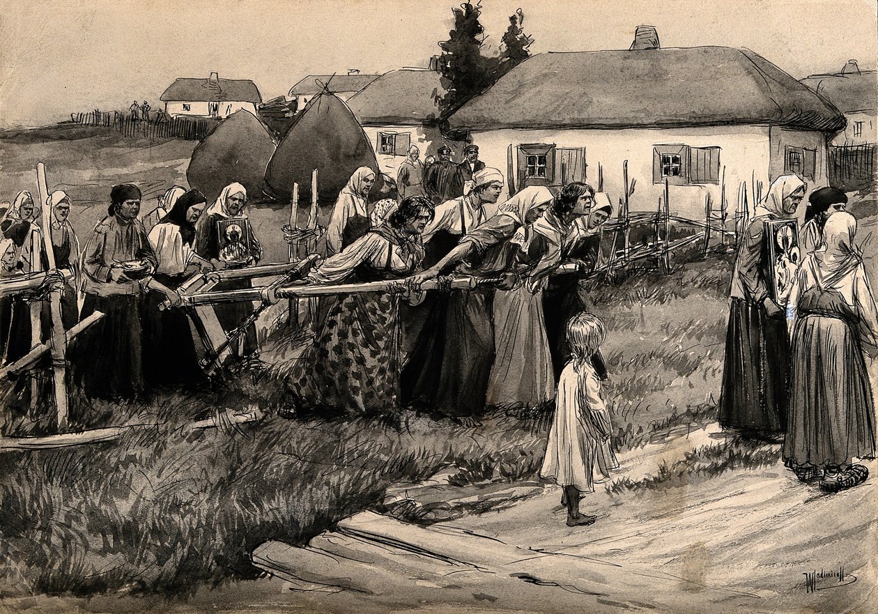 A religious cholera procession in rural Russia from the series of watercolors Russian revolution by Ivan Alexeyevich Vladimirov