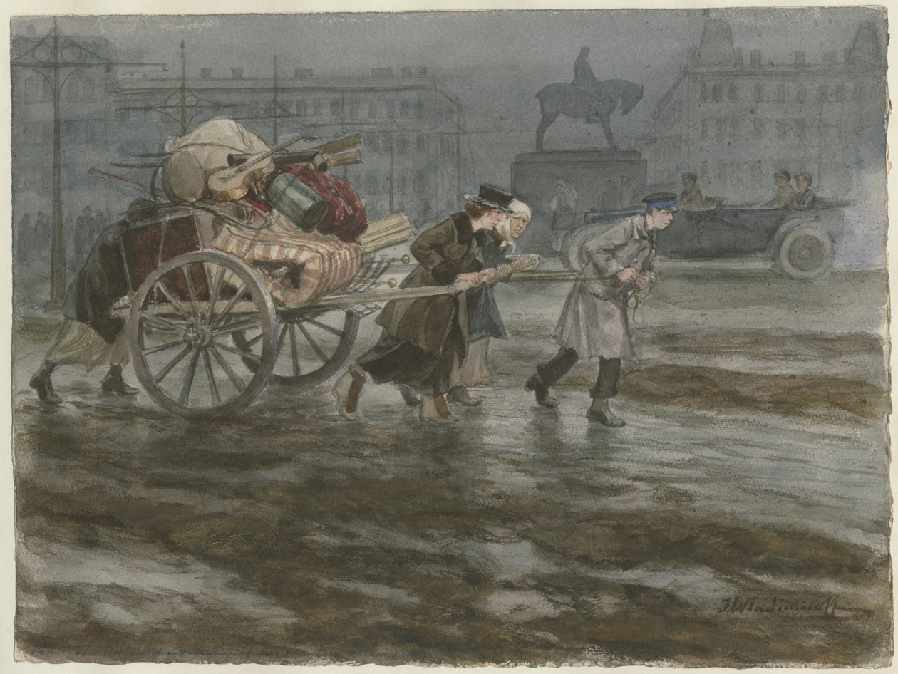 Family Moving its Belongings on Cart from the Series of Watercolors Russian Revolution by Ivan Alexeyevich Vladimirov