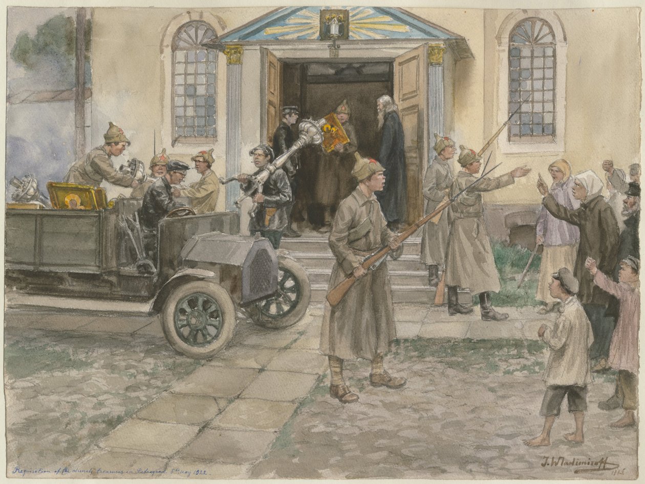 Requisition of the church treasures in Petrograd 5th May 1922 from the series of watercolors Russia by Ivan Alexeyevich Vladimirov