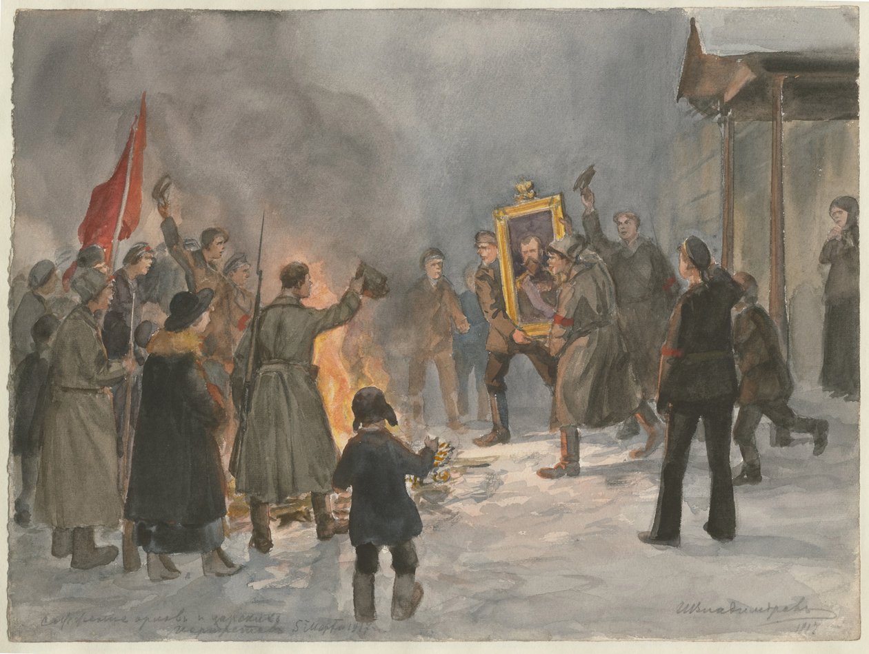 Soldiers burning paintings from the series of watercolors Russian revolution by Ivan Alexeyevich Vladimirov