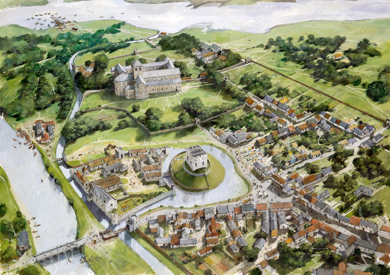 Aerial View of Christchurch Castle, Port and Priory Depicted at the End of the 12th Century by Ivan Lapper
