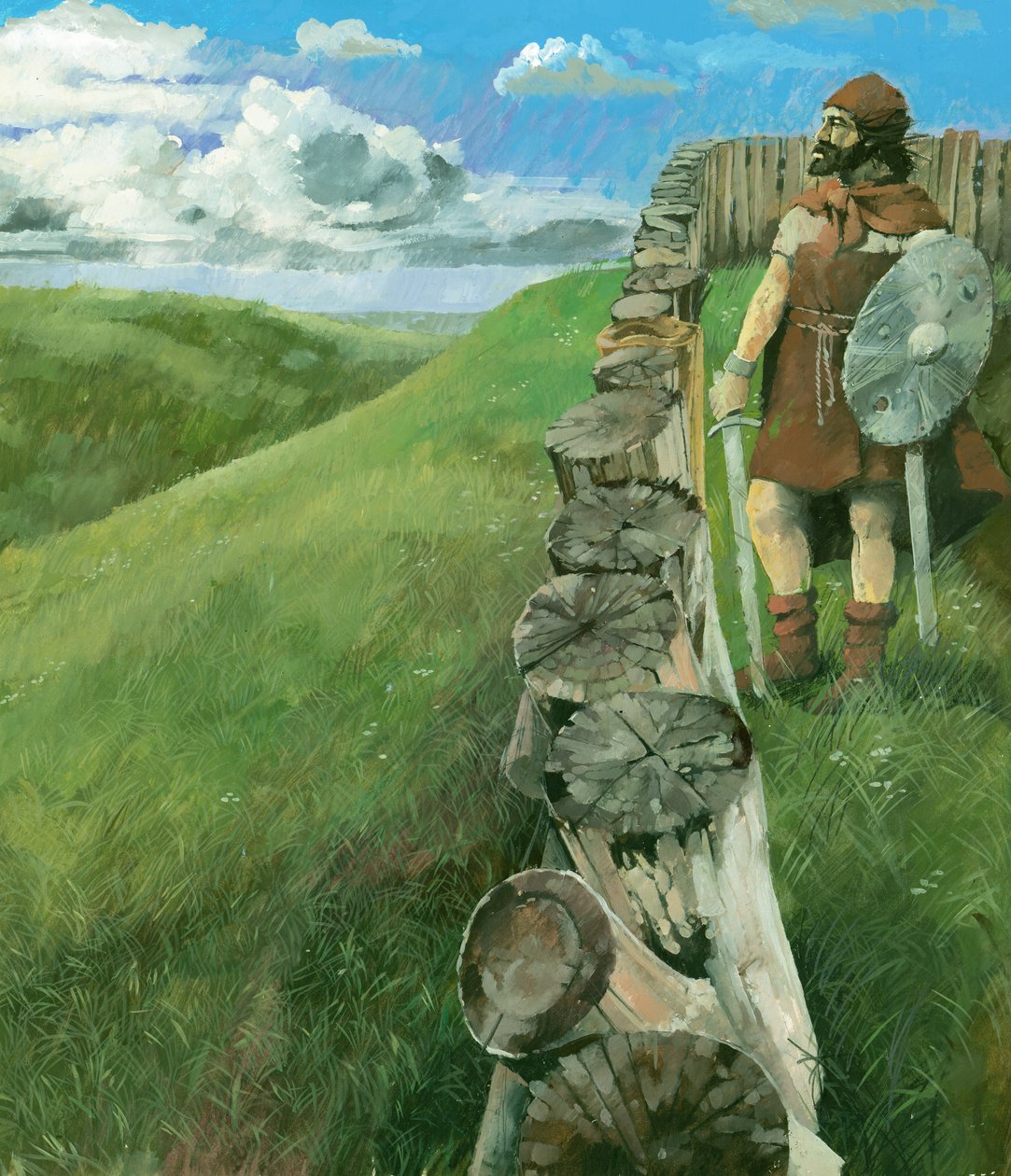 Reconstruction Drawing Depicting an Iron Age Man Standing Beside a Wooden Palisade Fence Atop Liddington Castle Hillfort, Swindon, UK by Ivan Lapper