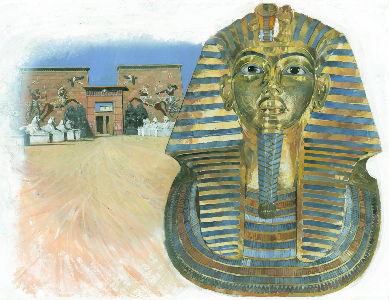 The Golden Mask of the Mummy of the Egyptian Pharaoh Tutankhamun with an Ancient Egyptian Temple Complex in the Background by Ivan Lapper